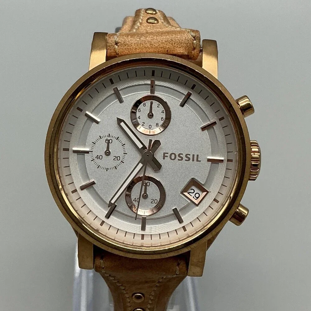 Fossil ES3748 Womens Watch 38mm Gold Tone Leather Chronograph New Battery